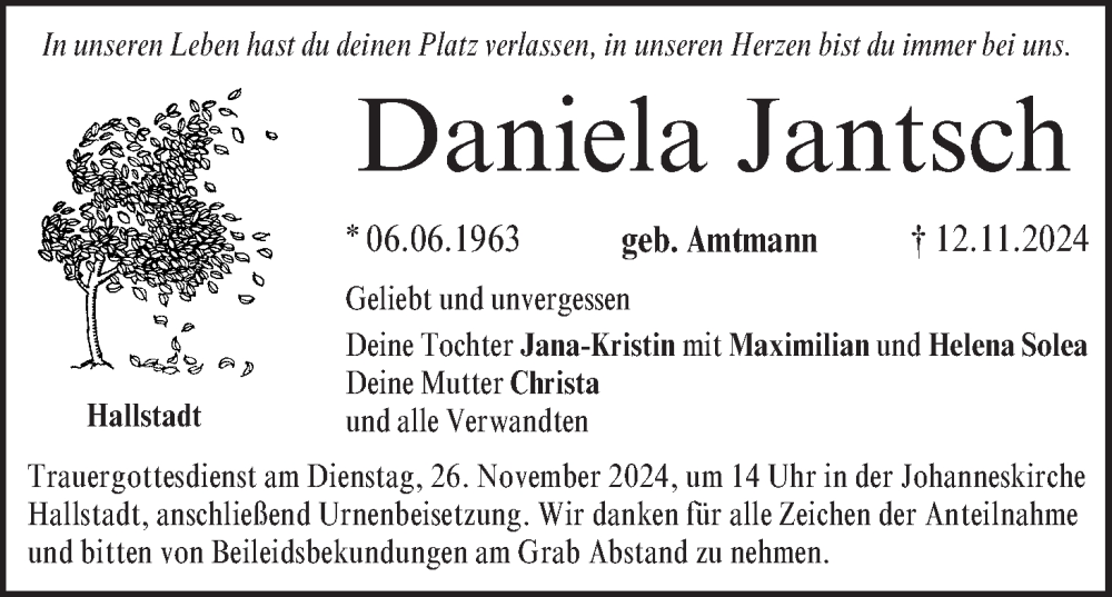  Traueranzeige für Daniela Jantsch vom 16.11.2024 aus MGO