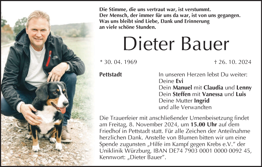  Traueranzeige für Dieter Bauer vom 02.11.2024 aus MGO