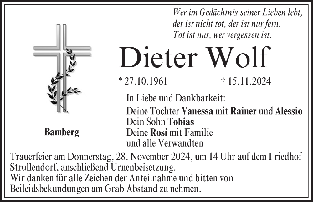  Traueranzeige für Dieter Wolf vom 23.11.2024 aus MGO