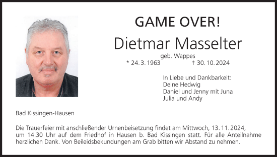 Anzeige von Dietmar Masselter von MGO