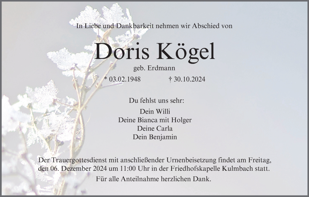  Traueranzeige für Doris Kögel vom 30.11.2024 aus MGO