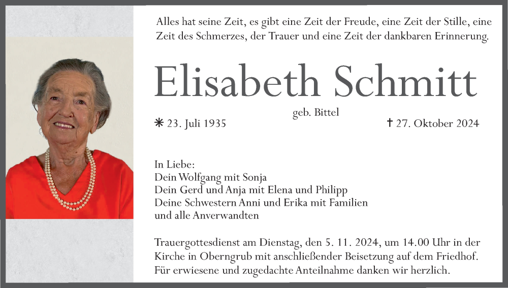  Traueranzeige für Elisabeth Schmitt vom 02.11.2024 aus MGO