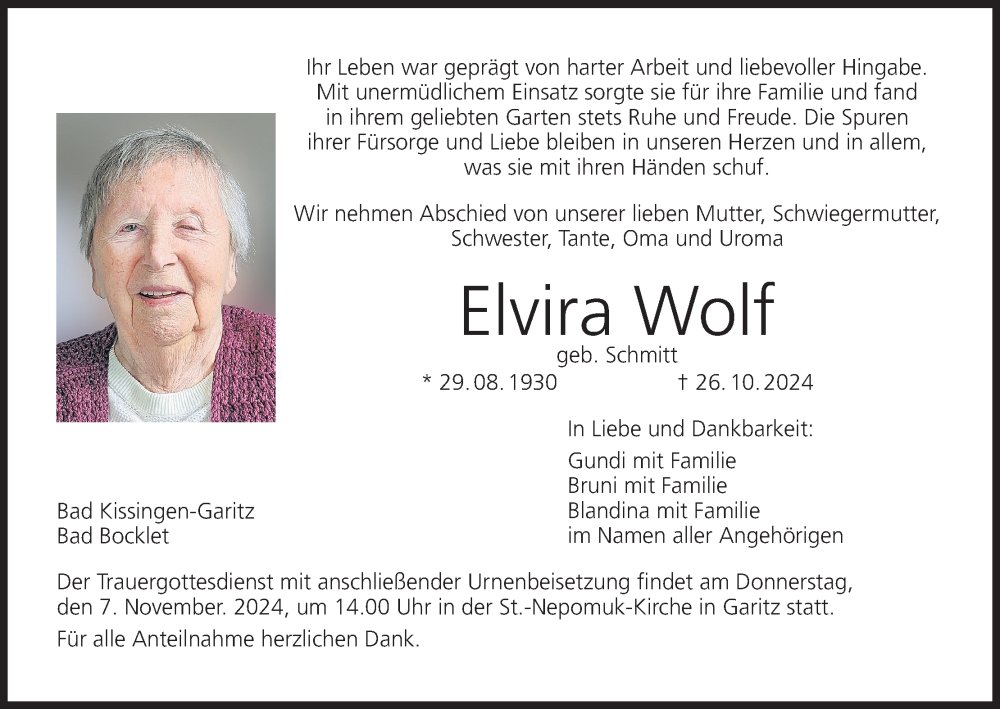  Traueranzeige für Elvira Wolf vom 02.11.2024 aus MGO