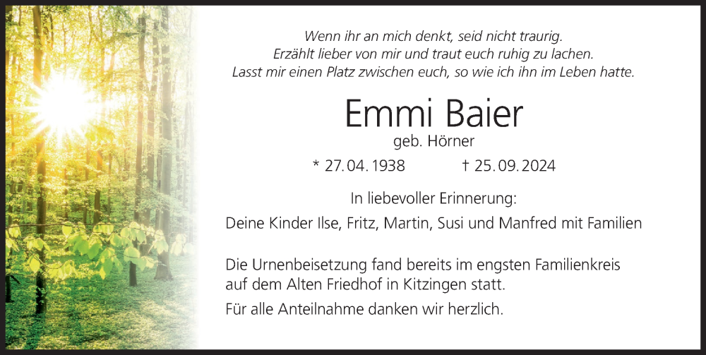  Traueranzeige für Emmi Baier vom 09.11.2024 aus MGO