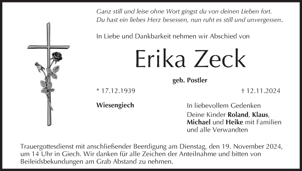  Traueranzeige für Erika Zeck vom 15.11.2024 aus MGO