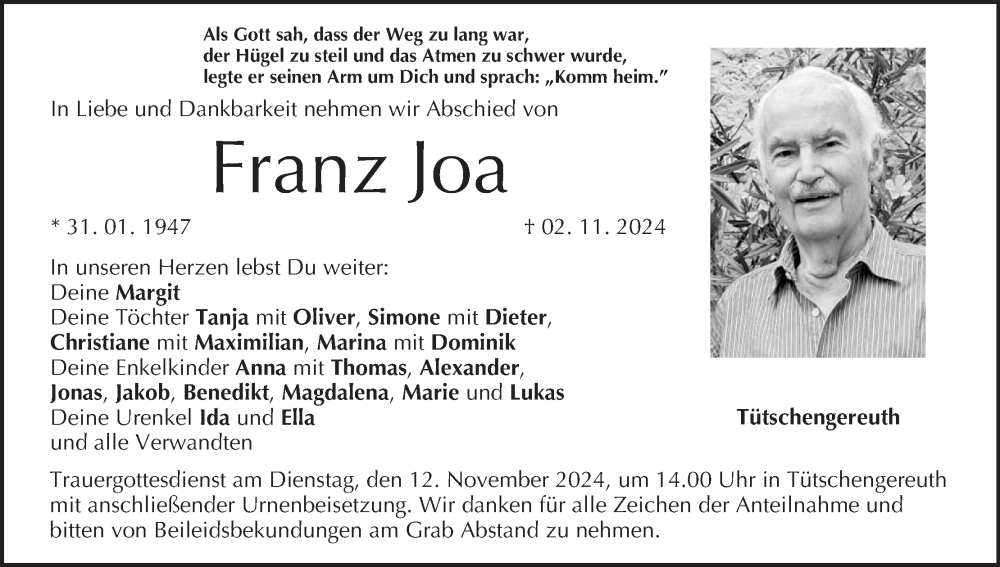  Traueranzeige für Franz Joa vom 09.11.2024 aus MGO