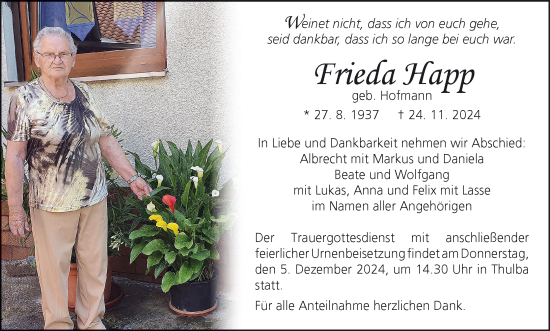 Anzeige von Frieda Happ von MGO