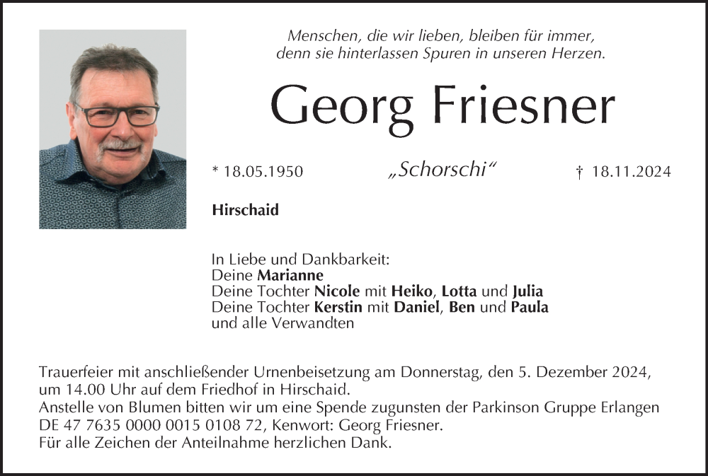  Traueranzeige für Georg Friesner vom 30.11.2024 aus MGO