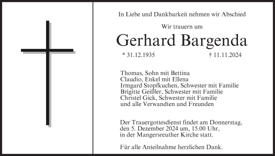 Anzeige von Gerhard Bargenda von MGO