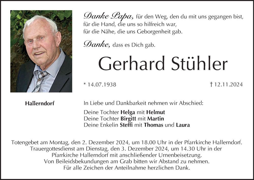  Traueranzeige für Gerhard Stühler vom 30.11.2024 aus MGO