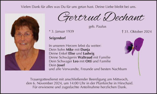 Anzeige von Gertrud Dechant von MGO