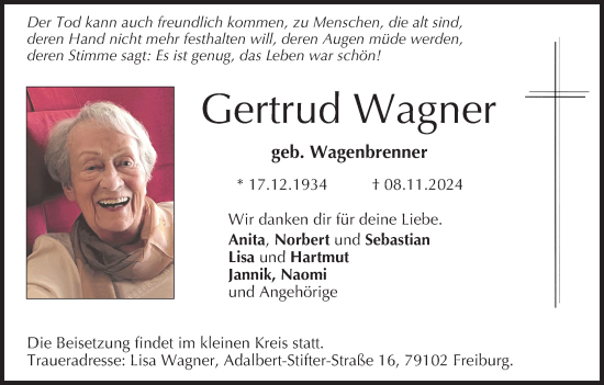 Anzeige von Gertrud Wagner von MGO