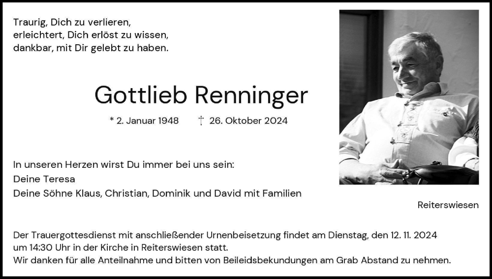  Traueranzeige für Gottlieb Renninger vom 02.11.2024 aus MGO