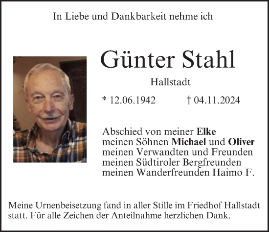 Anzeige von Günter Stahl von MGO