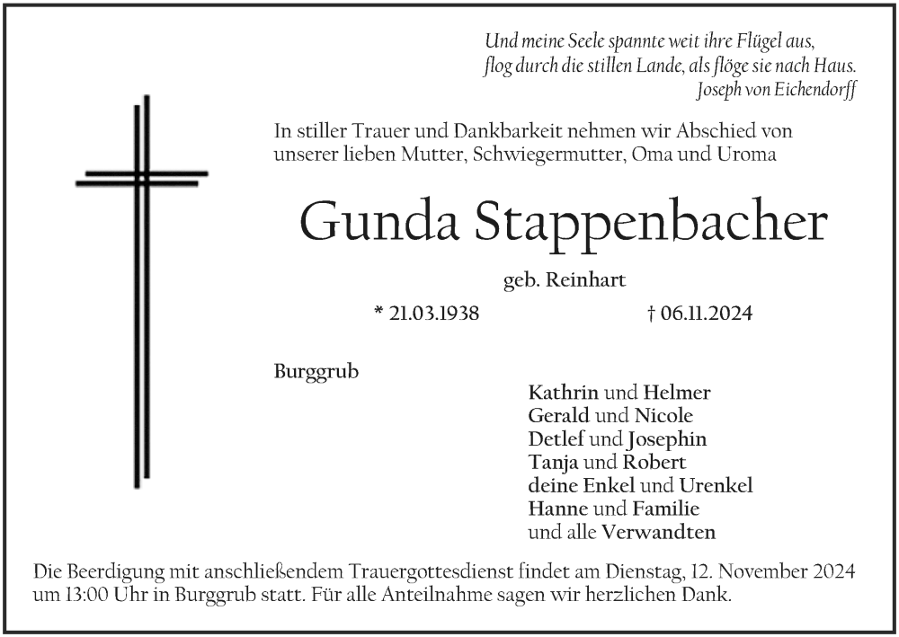  Traueranzeige für Gunda Stappenbacher vom 09.11.2024 aus MGO