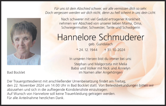 Anzeige von Hannelore Schmuderer von MGO