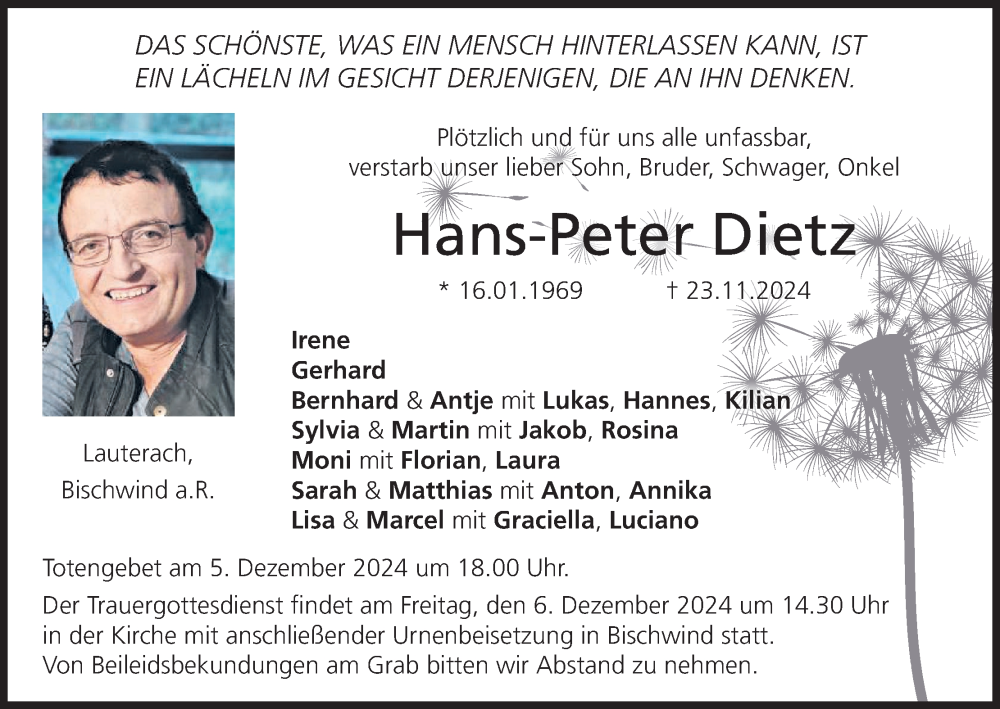  Traueranzeige für Hans-Peter Dietz vom 30.11.2024 aus MGO