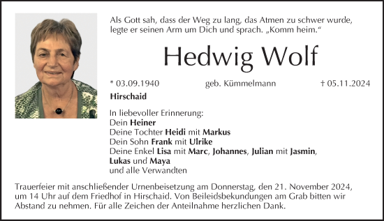 Anzeige von Hedwig Wolf von MGO