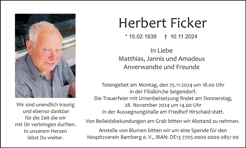  Traueranzeige für Herbert Ficker vom 23.11.2024 aus MGO