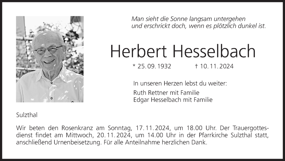  Traueranzeige für Herbert Hesselbach vom 16.11.2024 aus MGO