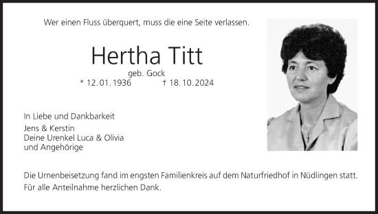 Anzeige von Hertha Titt von MGO