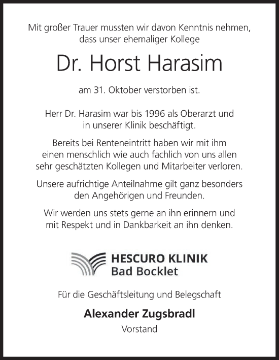 Anzeige von Horst Harasim von MGO