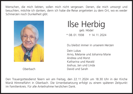 Anzeige von Ilse Herbig von MGO