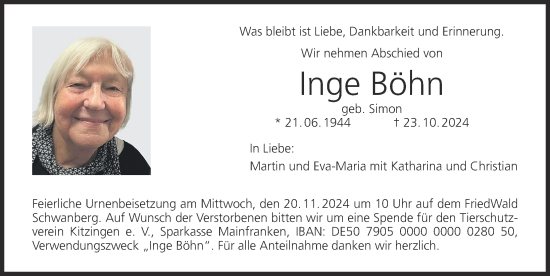 Anzeige von Inge Böhn von MGO