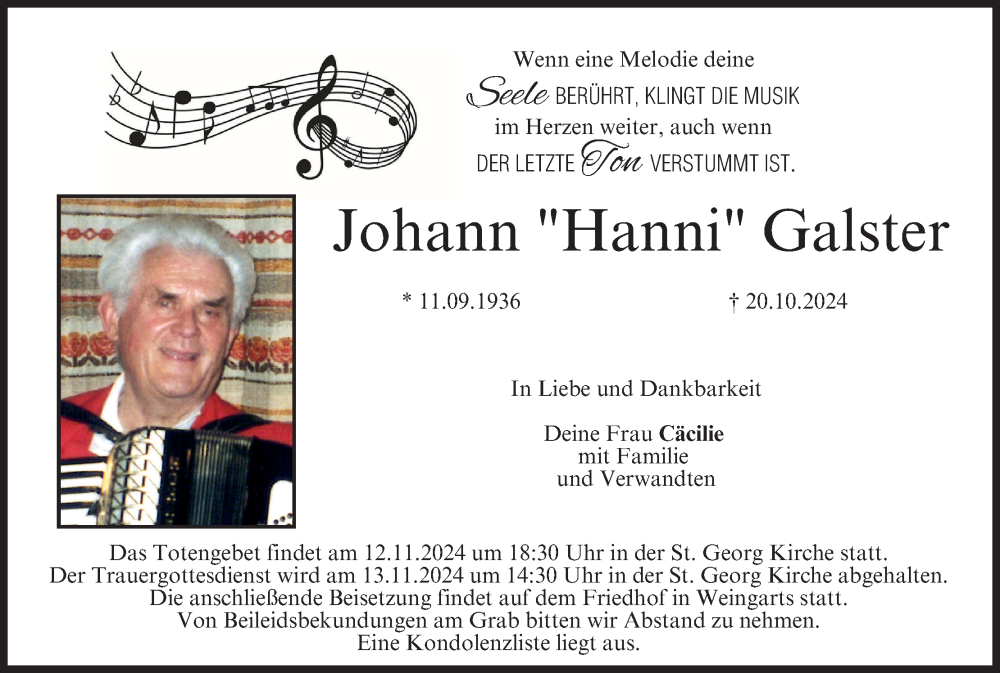  Traueranzeige für Johann Galster vom 09.11.2024 aus MGO