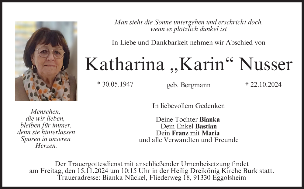  Traueranzeige für Katharina Nusser vom 09.11.2024 aus MGO