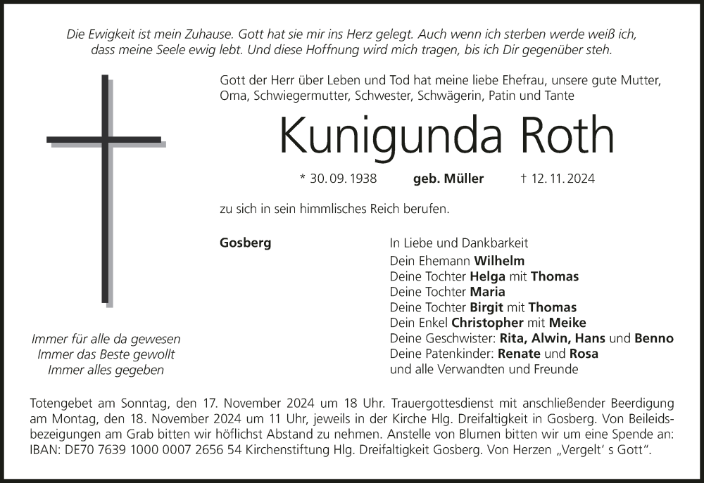  Traueranzeige für Kunigunda Roth vom 15.11.2024 aus MGO