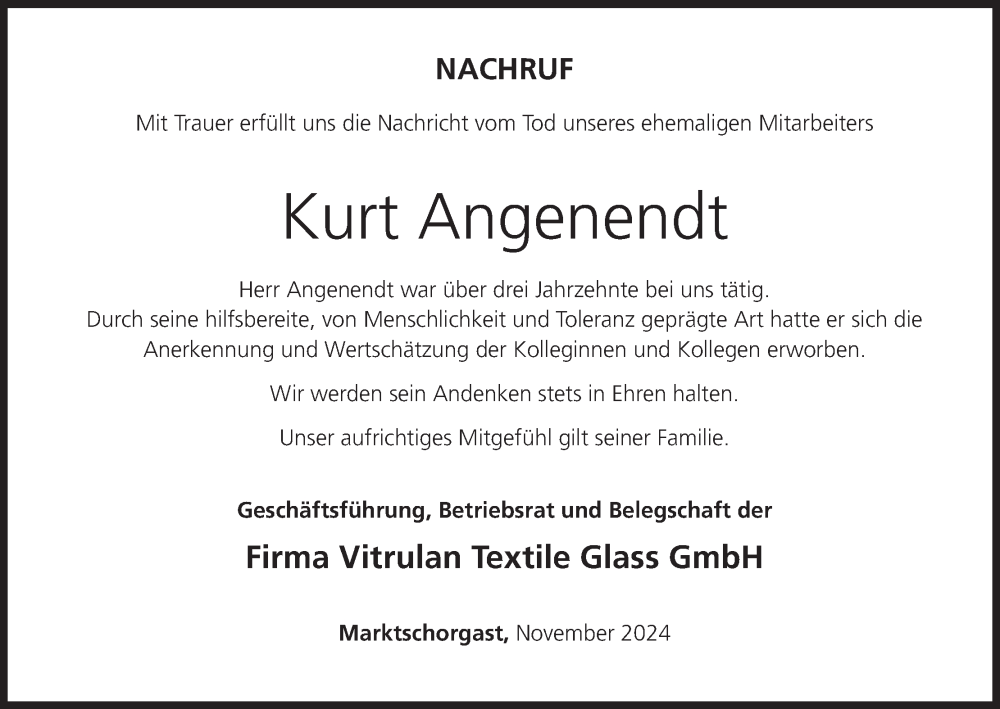  Traueranzeige für Kurt Angenendt vom 16.11.2024 aus MGO