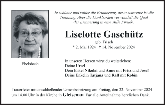 Anzeige von Liselotte Gaschütz von MGO