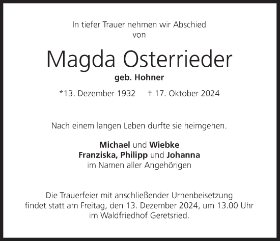 Anzeige von Magda Osterrieder von MGO