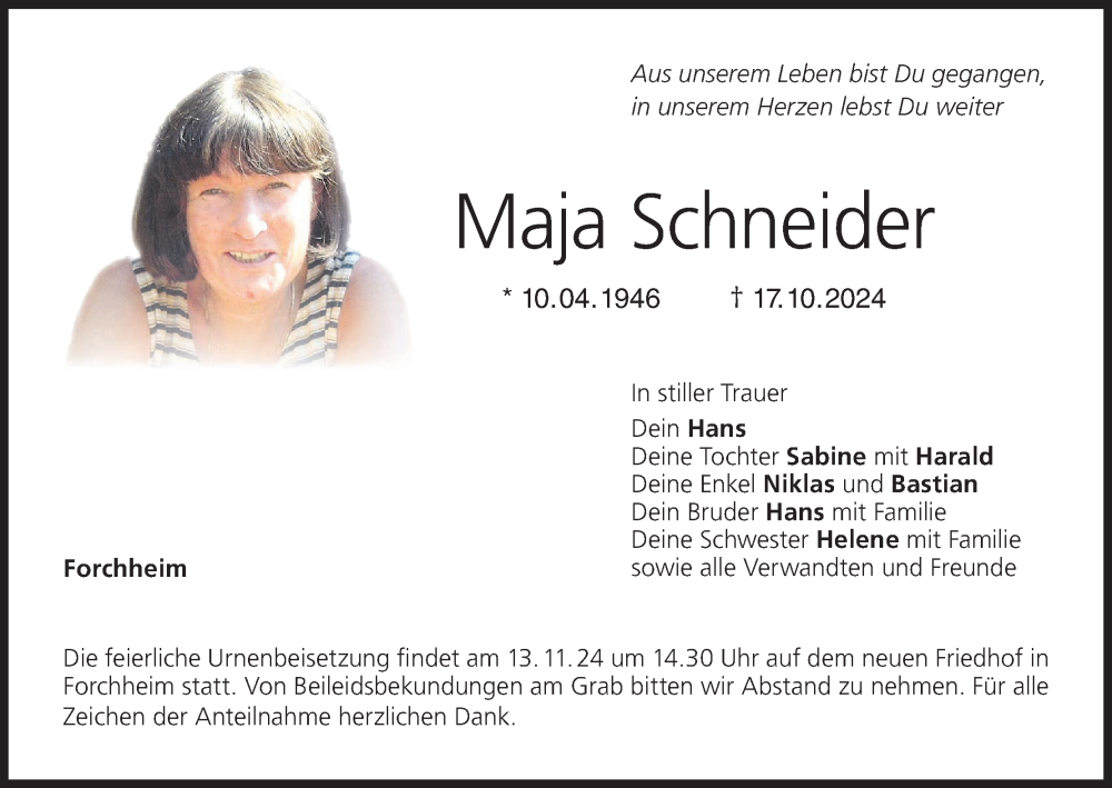  Traueranzeige für Maja Schneider vom 09.11.2024 aus MGO