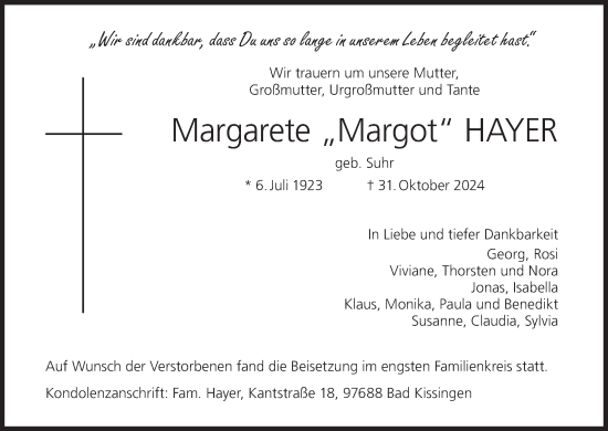 Anzeige von Margarete Hayer von MGO