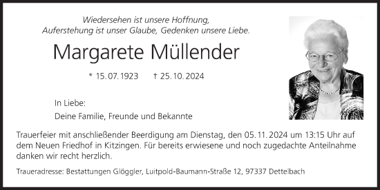 Anzeige von Margarete Müllender von MGO