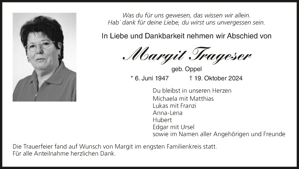  Traueranzeige für Margit Trageser vom 02.11.2024 aus MGO