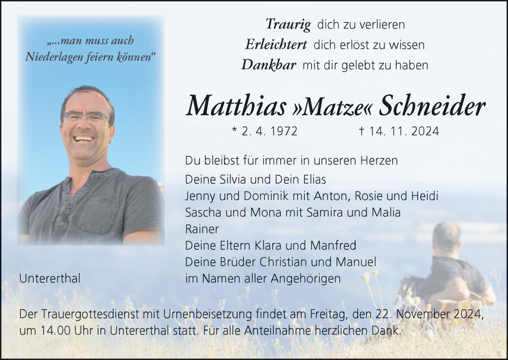  Traueranzeige für Matthias Schneider vom 16.11.2024 aus MGO