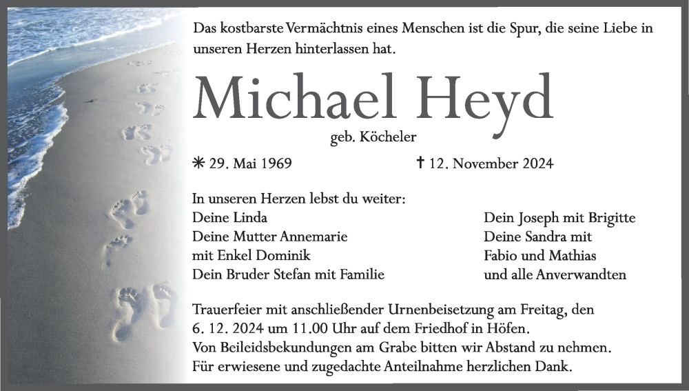  Traueranzeige für Michael Heyd vom 30.11.2024 aus MGO