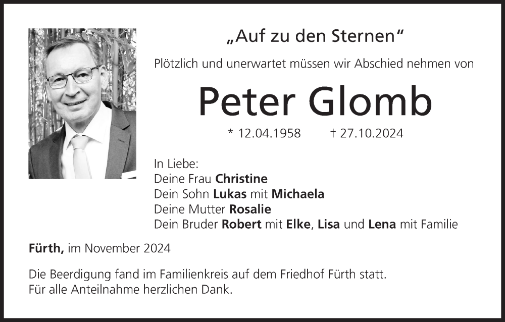  Traueranzeige für Peter Glomb vom 16.11.2024 aus MGO