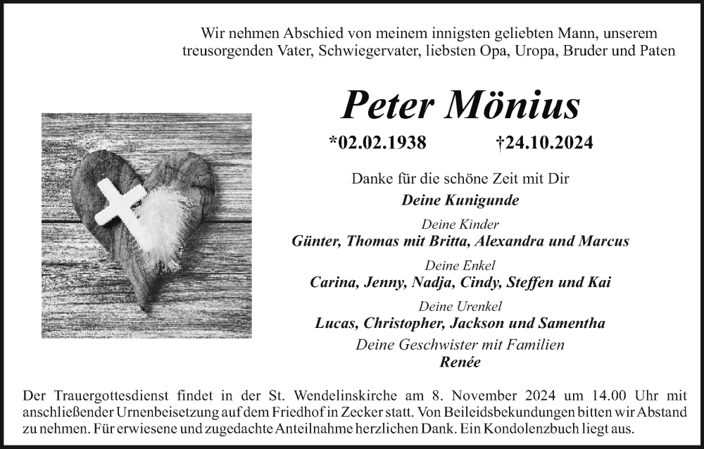  Traueranzeige für Peter Mönius vom 02.11.2024 aus MGO