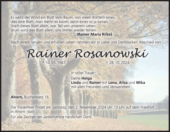 Anzeige von Rainer Rosanowski von MGO