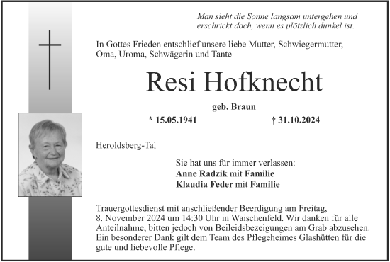 Anzeige von Resi Hofknecht von MGO