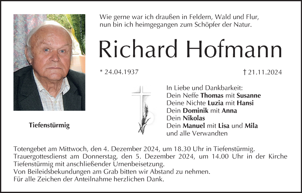  Traueranzeige für Richard Hofmann vom 30.11.2024 aus MGO