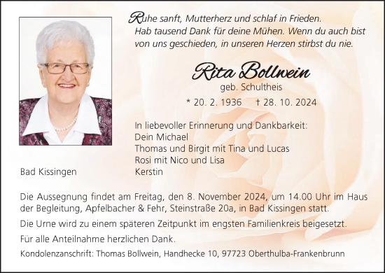 Anzeige von Rita Bollwein von MGO