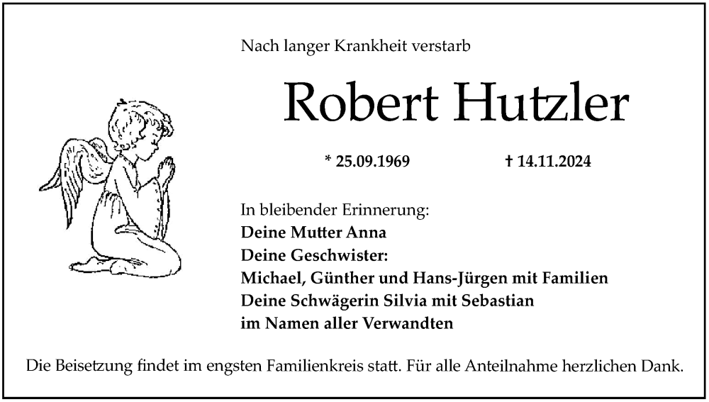  Traueranzeige für Robert Hutzler vom 16.11.2024 aus MGO