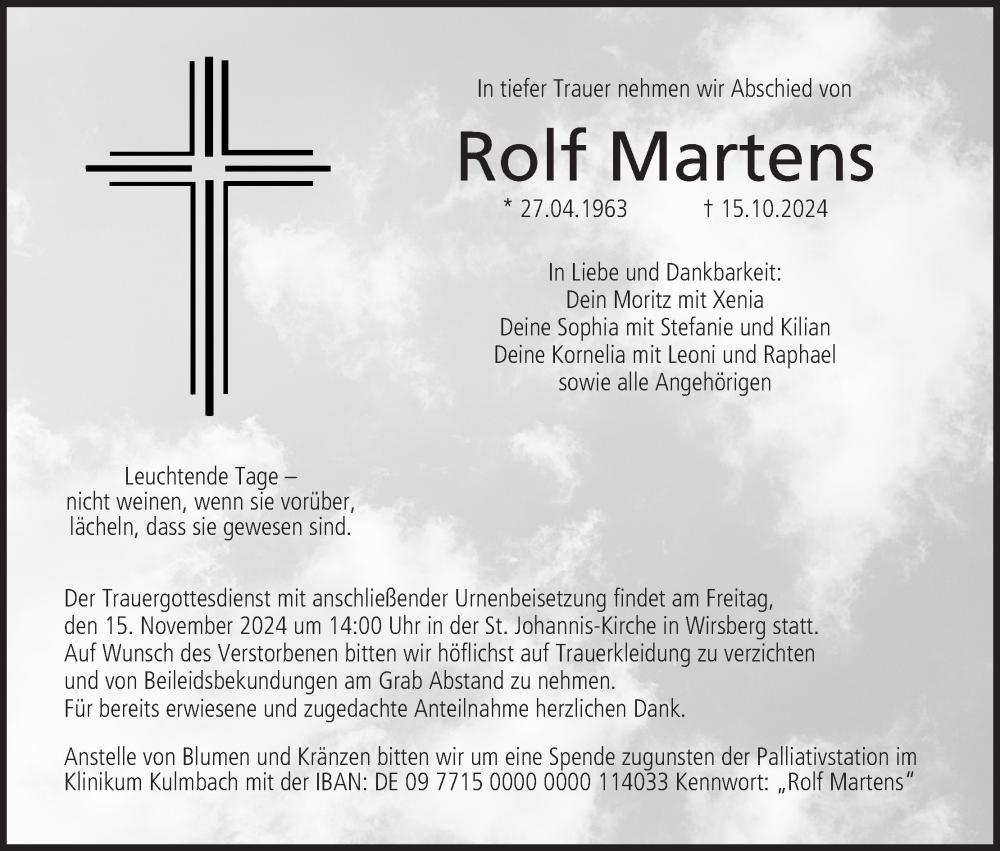  Traueranzeige für Rolf Martens vom 09.11.2024 aus MGO