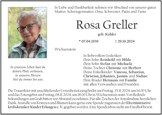 Anzeige von Rosa Greller von MGO