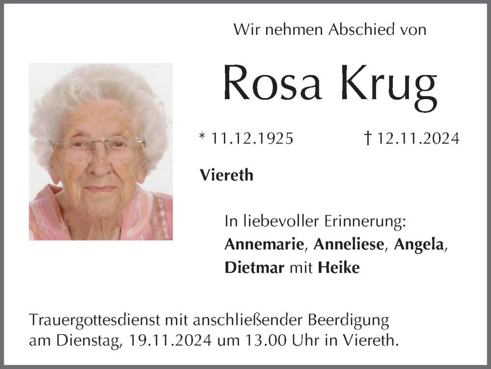  Traueranzeige für Rosa Krug vom 16.11.2024 aus MGO